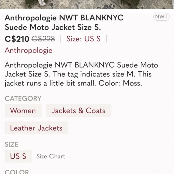 Anthropologie NWT BLANKNYC Suede Moto
Jacket Size XS. - Picture 11 of 12